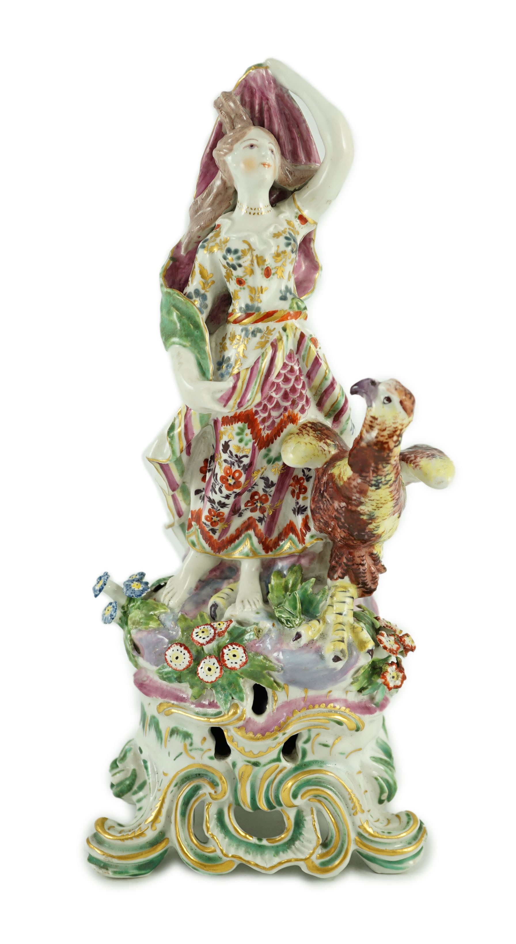 A large Bow porcelain group of Juno, c.1760-65, 29cm high, minor faults